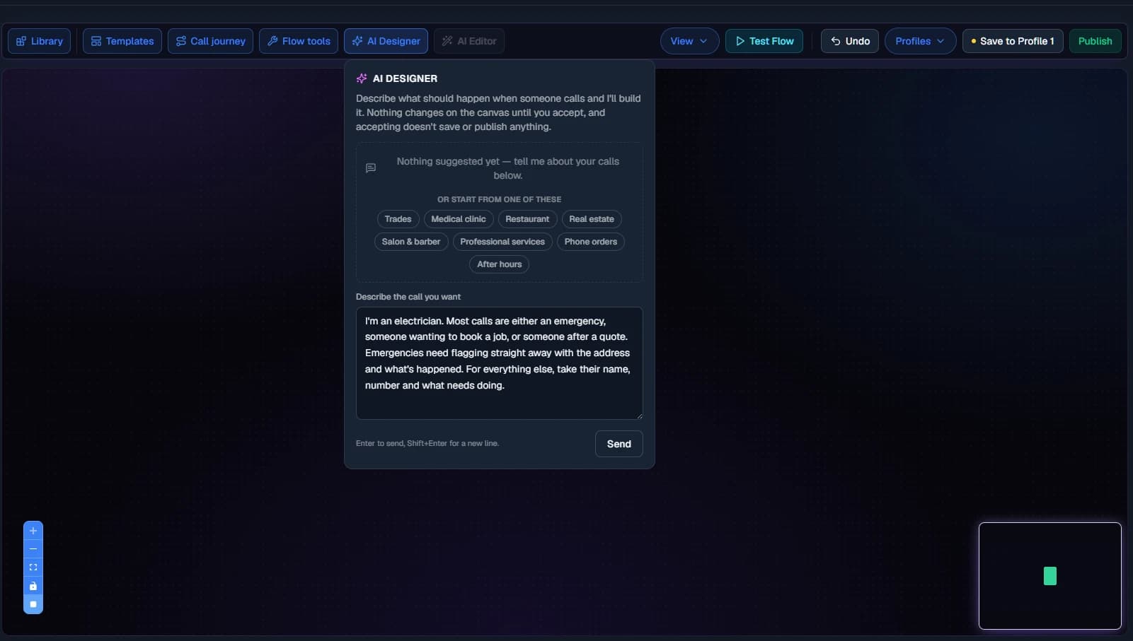 AI Designer panel: a plain-English description of an electrician's call handling, ready to turn into a call flow