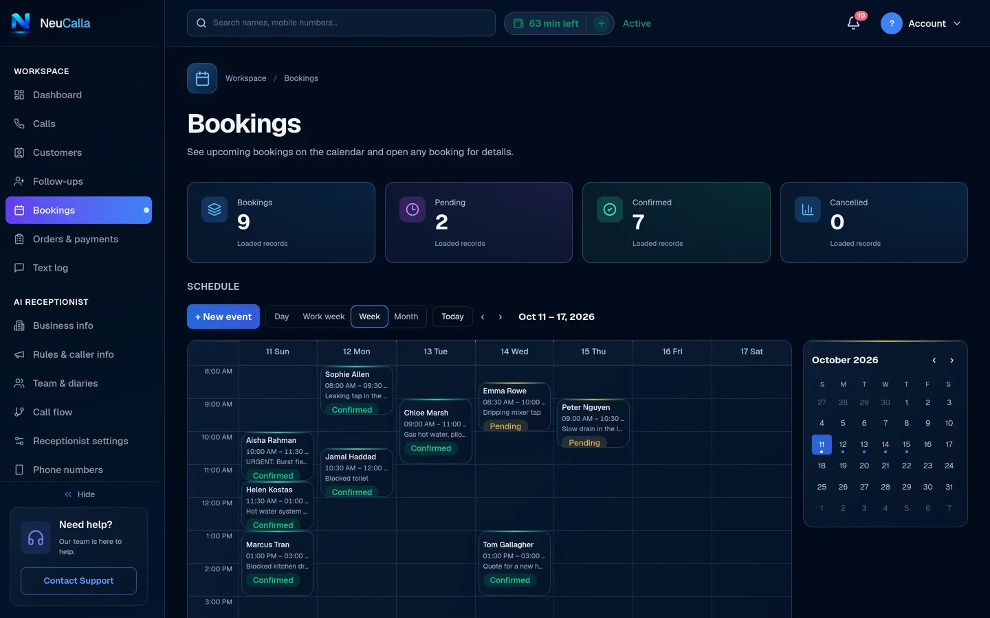 NeuCalla bookings calendar showing scheduled customer appointments