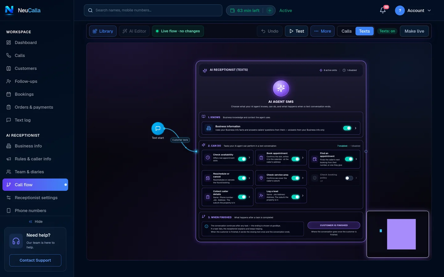 The Texts tab of the call flow: what the receptionist knows and the tasks it can do in a text conversation