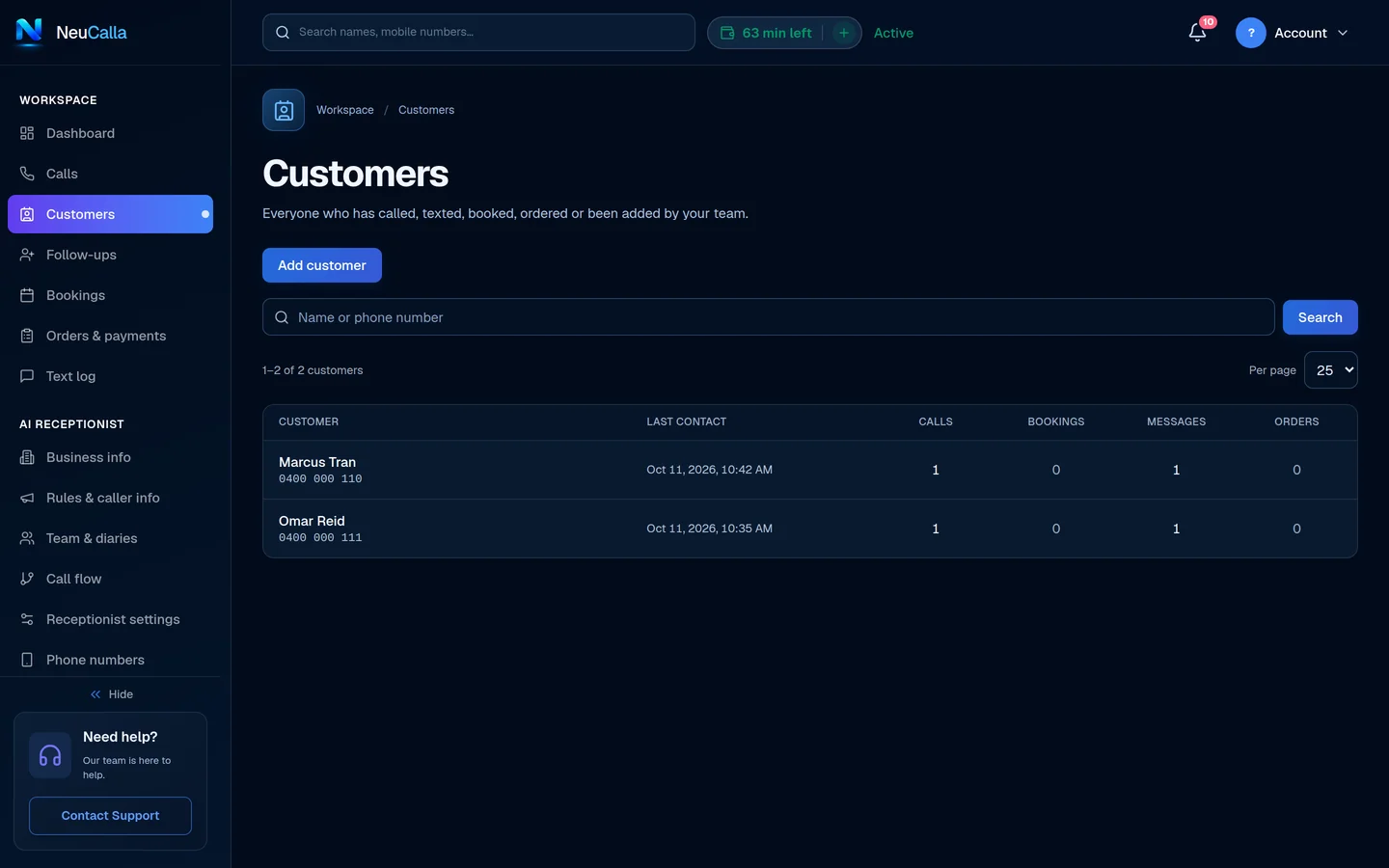 NeuCalla customer list with contact details and conversation history
