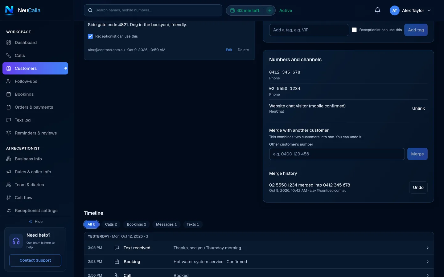 Customer page: the Numbers and channels panel listing a mobile, a WhatsApp number and a website chat under one customer, with Merge with another customer and the merge history