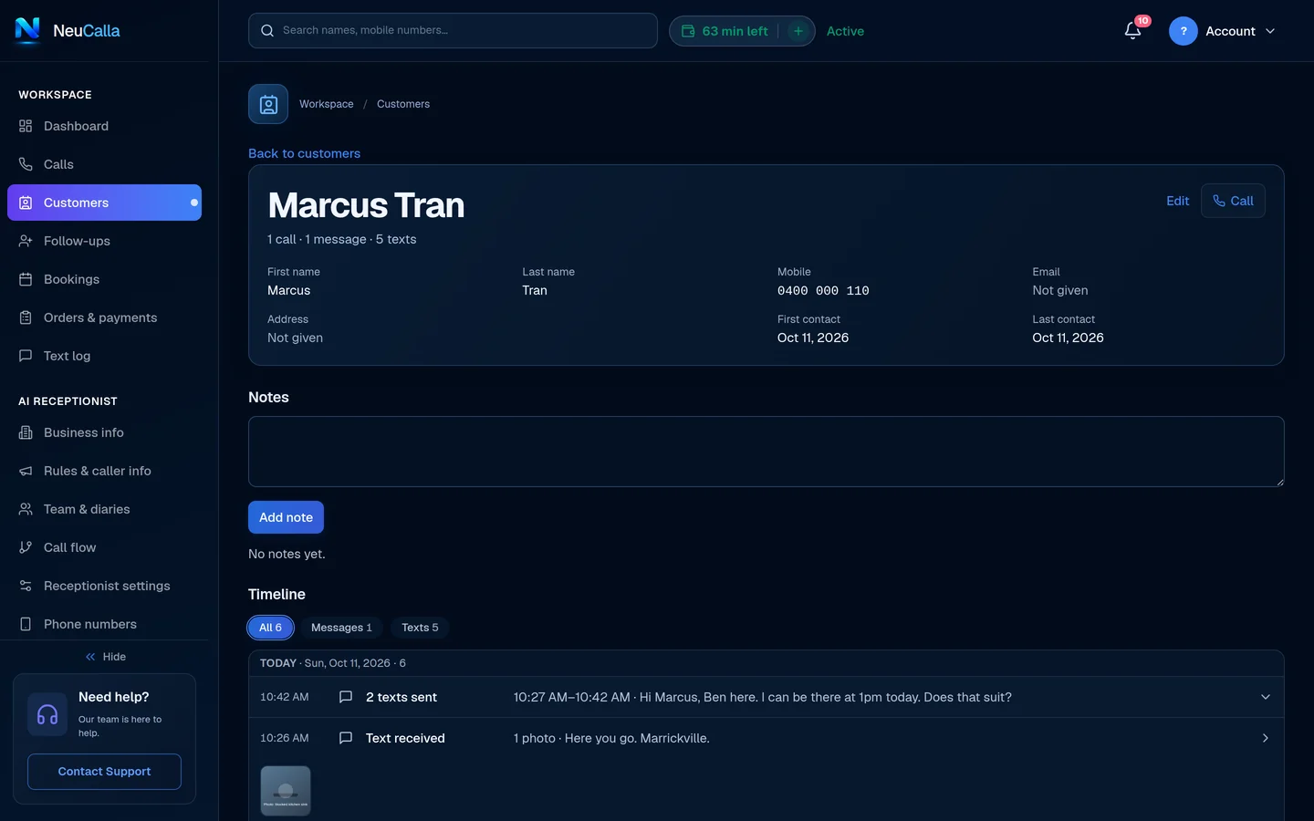 Customer page for Marcus Tran: contact details, notes and a timeline of texts, a photo and a call