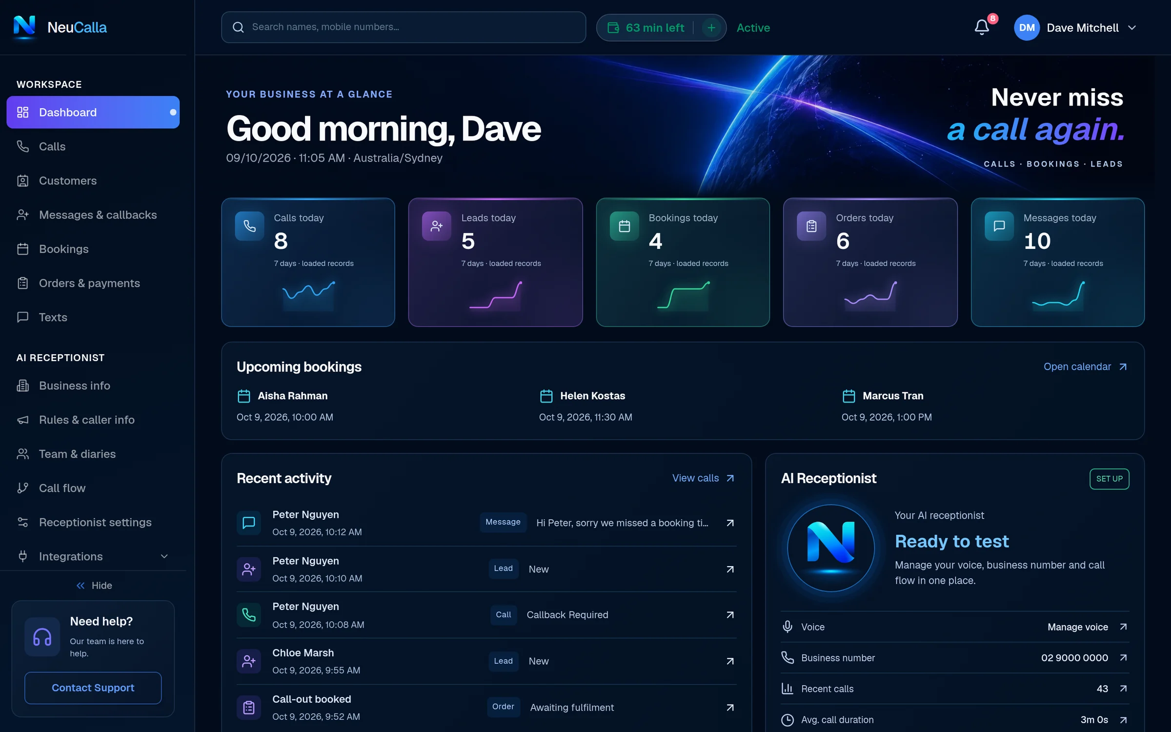NeuCalla dashboard: today's calls, bookings, messages and payments at a glance