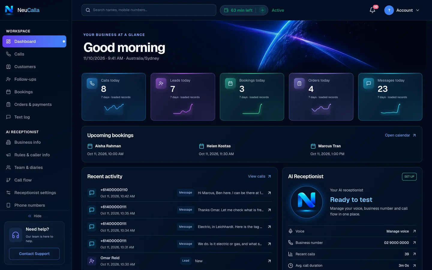 NeuCalla dashboard overview with recent activity and business tasks