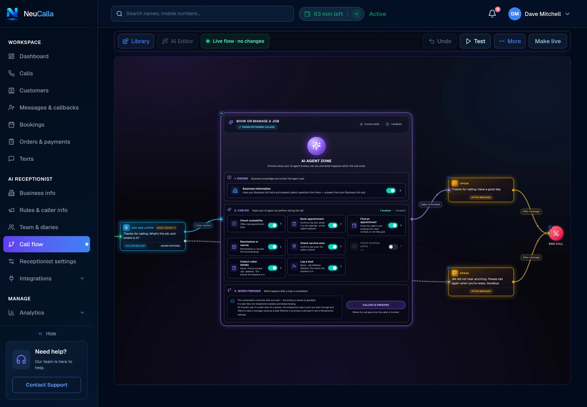 Real NeuCalla dashboard showing the call flow designer