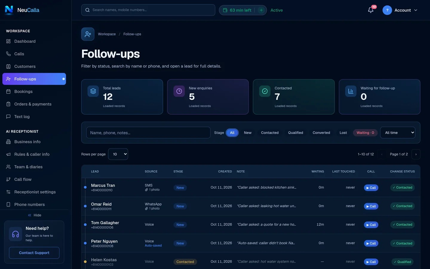 NeuCalla follow-up list showing customer conversations that need attention