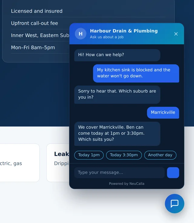 The website chat panel up close: greeting, the visitor’s blocked-sink question, a suburb check and two booking times as buttons