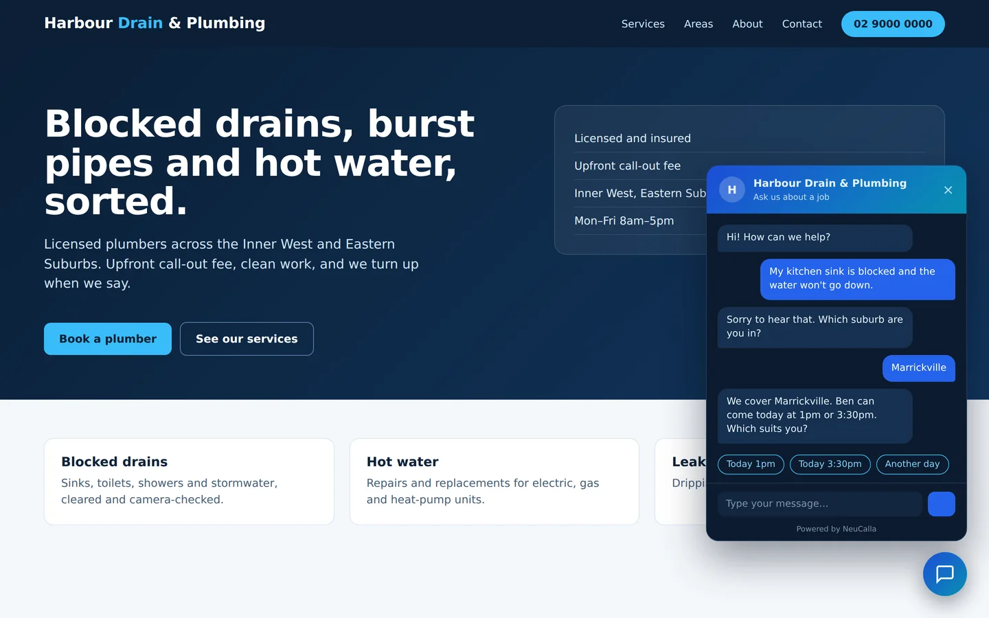 Example tradie website with the website chat panel open: a visitor asks about a blocked sink and is offered two times today, with quick-reply buttons