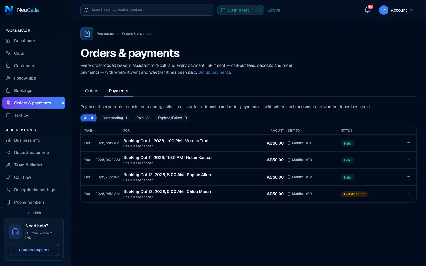 Payments tab: call-out fee deposits for four bookings, the mobile each link went to, and paid or outstanding status