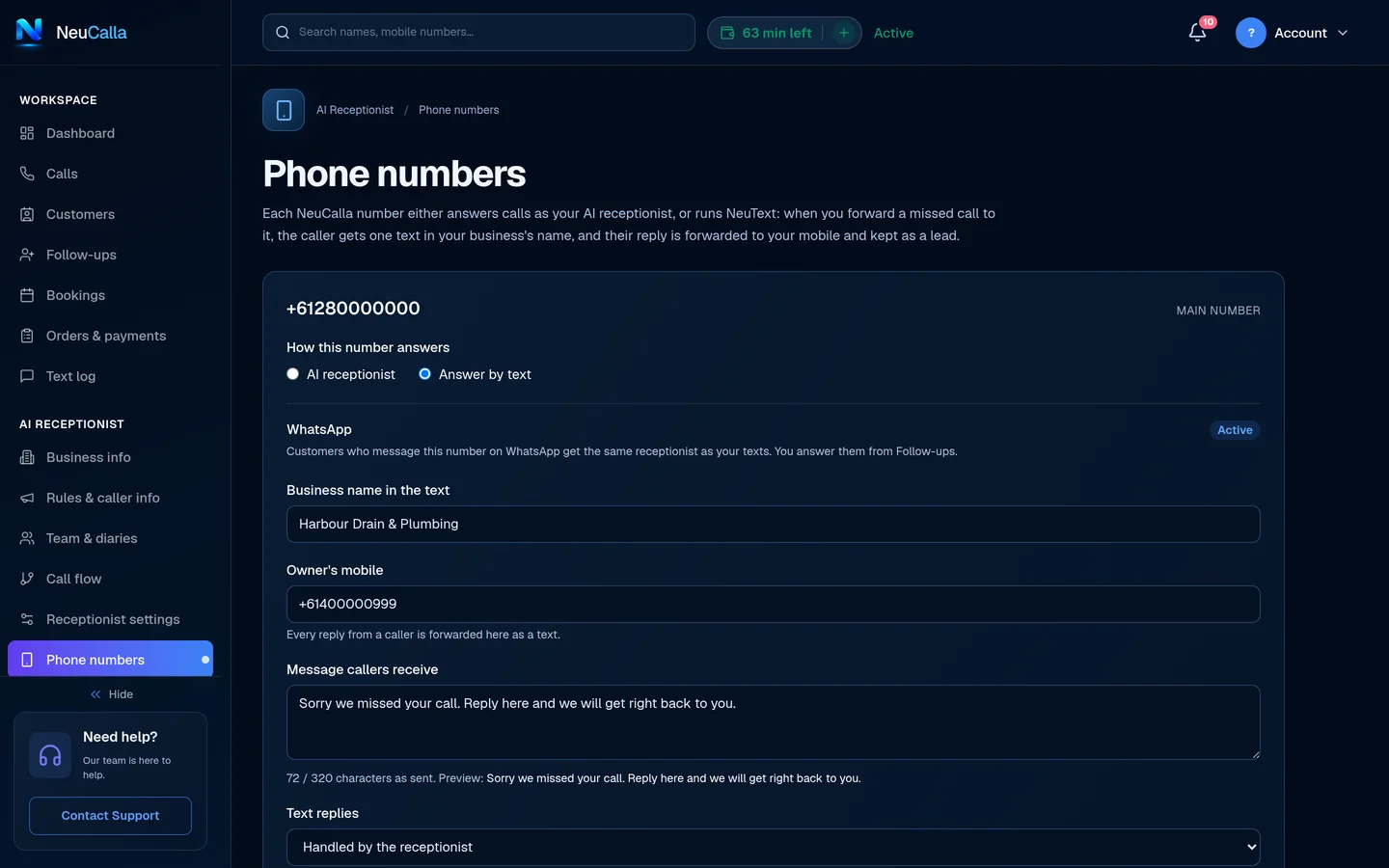 Phone numbers: a number set to Answer by text, with the business name, the owner’s mobile, the message callers receive and who handles replies