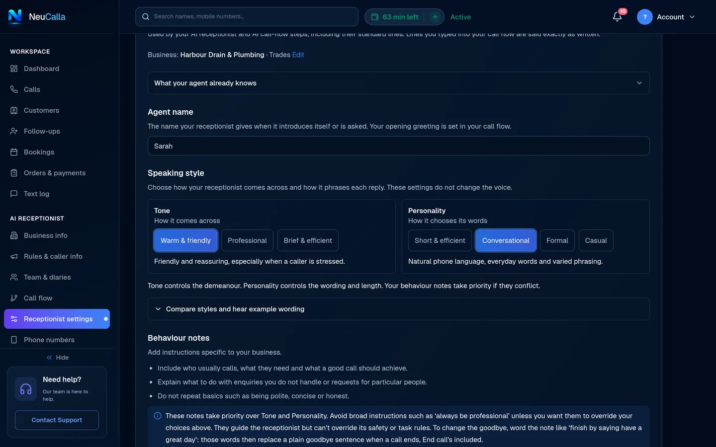 Receptionist settings: agent name Sarah, tone and personality choices, and behaviour notes