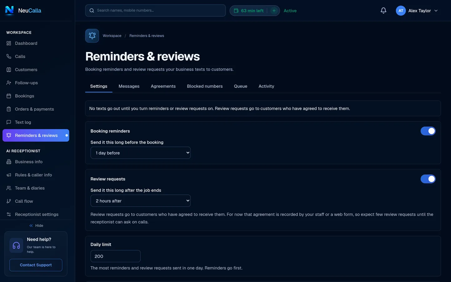 Reminders & reviews settings: booking reminders on with a one-day lead time, review requests on two hours after the job, the daily limit, and the approved message templates