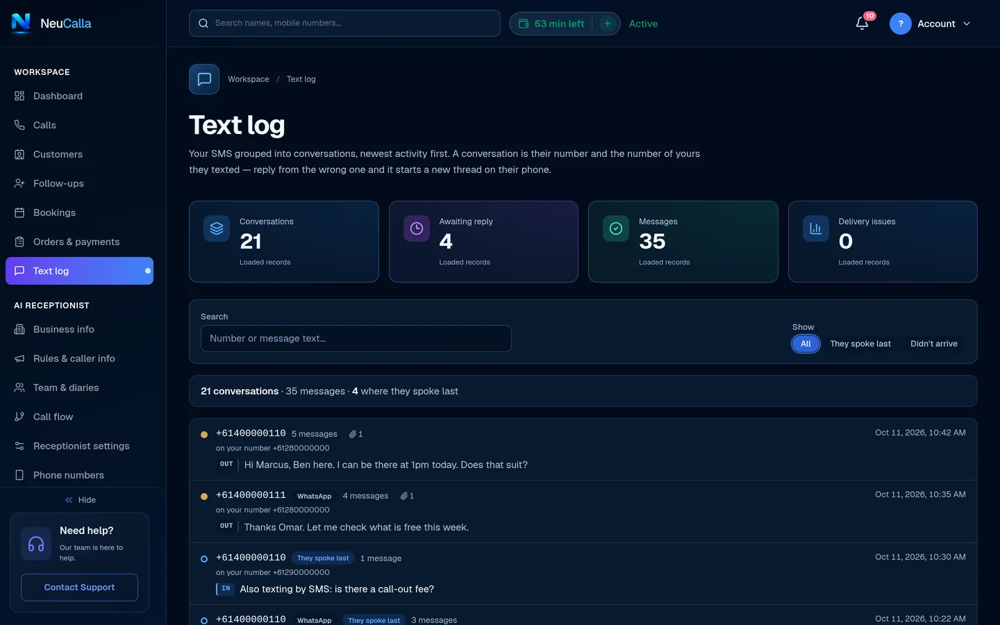 Text log: conversations by number, with message counts, WhatsApp labels, attachments and who spoke last